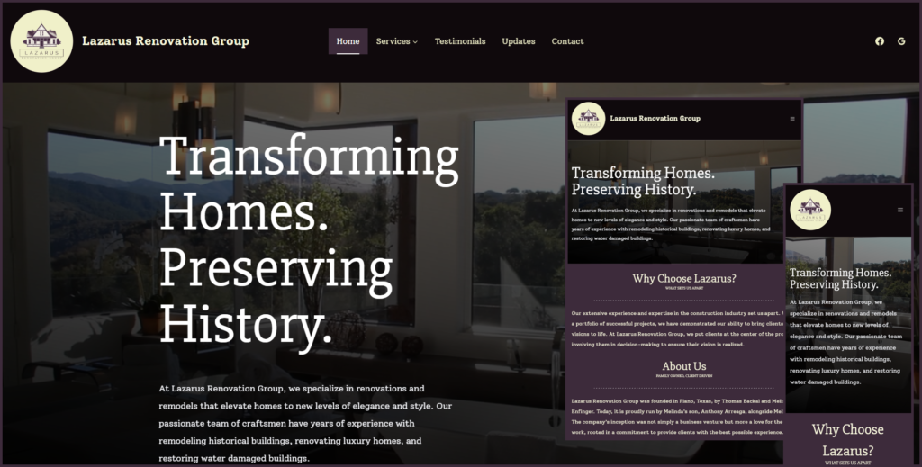 Lazarus Renovation Group website on desktop, tablet and mobile.